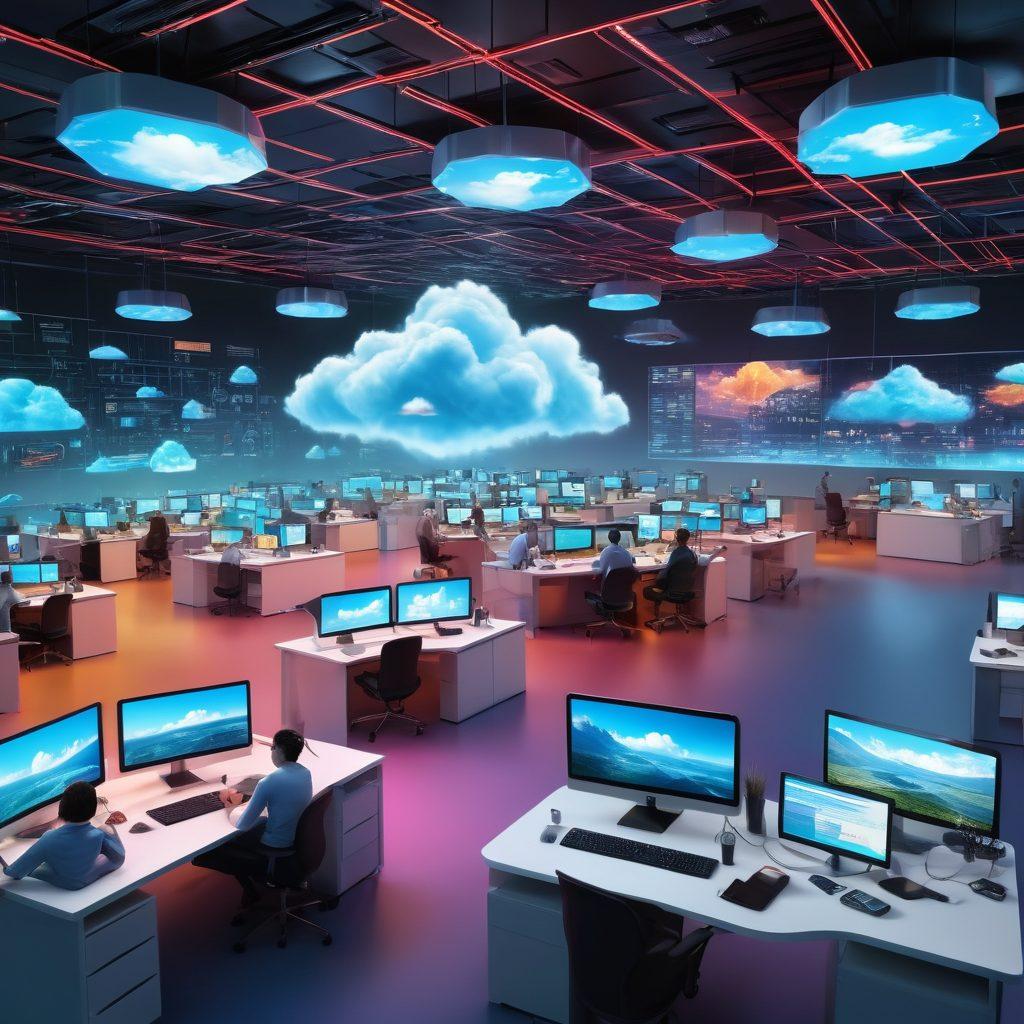 A futuristic digital landscape showcasing diverse seamless digital solutions like cloud services, web development, and mobile apps, with people collaborating effortlessly at various workstations. The scene transitions from chaotic to organized, symbolizing ease and affordability. Bright, engaging colors and visualizations of interconnected devices enhance the futuristic feel. super-realistic. vibrant colors. 3D.