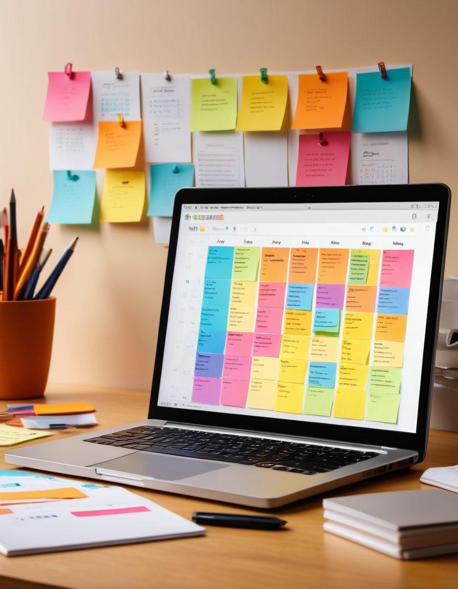 A sleek, modern workspace with a laptop displaying user-friendly web services on the screen. A happy individual is organizing their life with colorful sticky notes and a to-do list, surrounded by digital tools like calendars and charts illustrating efficiency. Warm lighting creates an inviting atmosphere that exudes simplicity and productivity. super-realistic. vibrant colors. clean background.